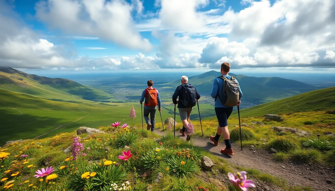 Erkunden Sie den Wicklow Way Irland während einer Wanderung auf grünen Hügeln mit beeindruckendem Himmel.