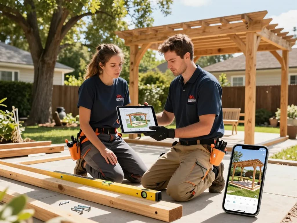 Software für Pergola-Installateure, die von einem Installateur in einem sonnigen Garten verwendet wird, um eine maßgeschneiderte Pergola zu entwerfen, während er mit einem Hausbesitzer interagiert.