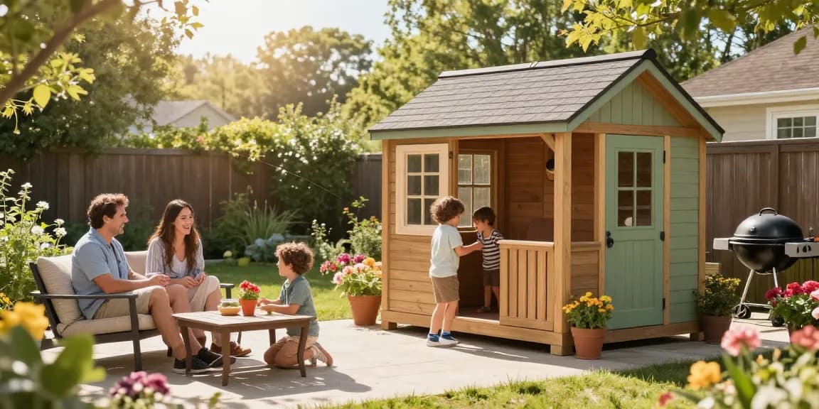 Gartenhaus kaufen: Familie genießt ihren Garten mit neuem Gartenhaus, blühenden Blumen und entspannter Atmosphäre.