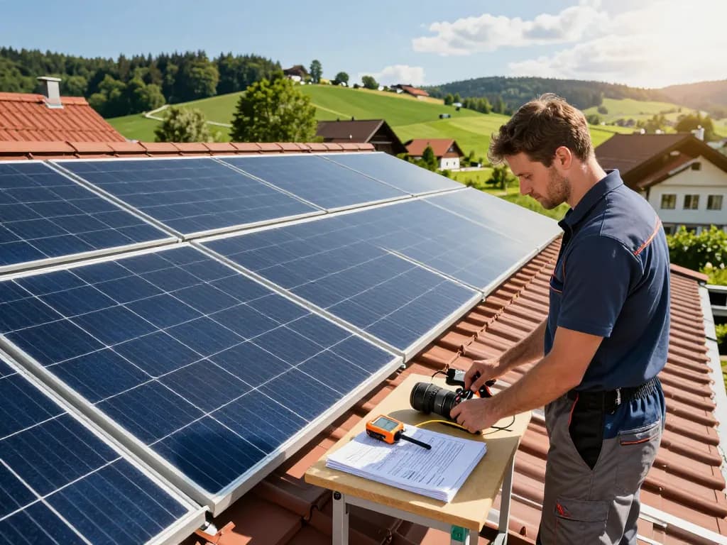 Photovoltaik Bayern Installationsort mit Solarpanels und Techniker, der das Dach bewertet.