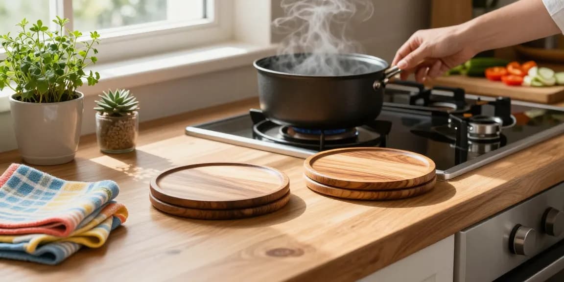 Elegante Topfuntersetzer aus Holz in einer gemütlichen Küche