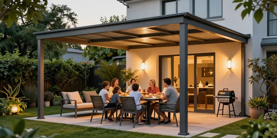 Terrassenüberdachung bietet modernen Schutz für eine gemütliche Outdoor-Essensituation.