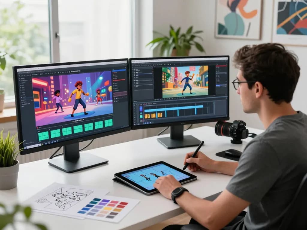 Kling 2.6 motion control workspace with animation expert crafting dynamic animations, featuring dual monitors and design sketches.