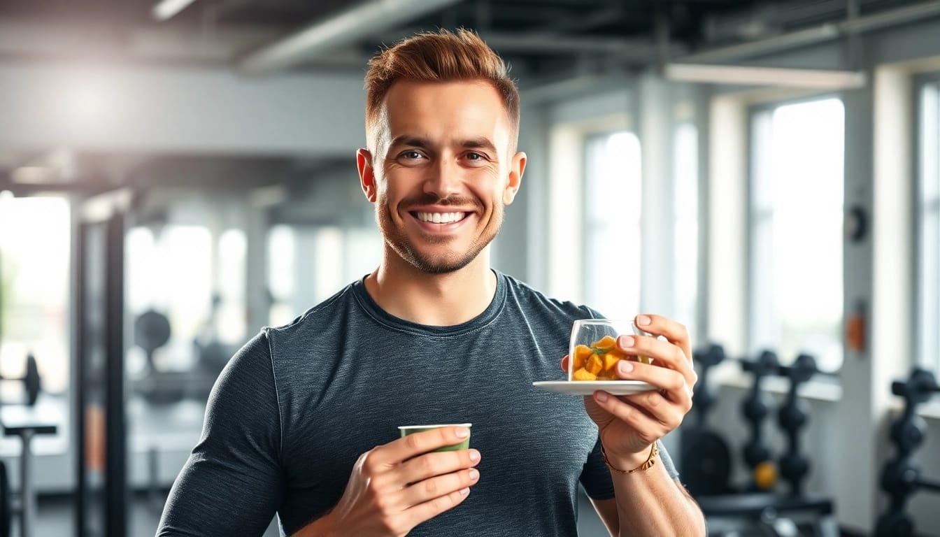 Ein gesundes Fitness-Motiv zum Thema Gewichtsverlust mit einem aktiven Mann, der nach dem Training einen proteinreichen Snack genießt.