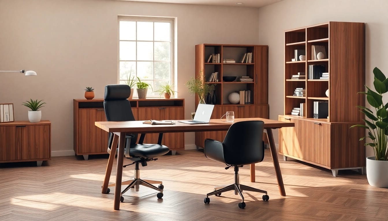 Büromöbel im modernen Büro-Design: eleganter Schreibtisch, ergonomischer Stuhl und stilvolle Regale schaffen einen inspirierenden Arbeitsplatz.