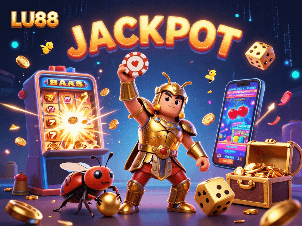 LU88 celebrates excitement with a cartoon beetle lifting a poker chip amid casino elements