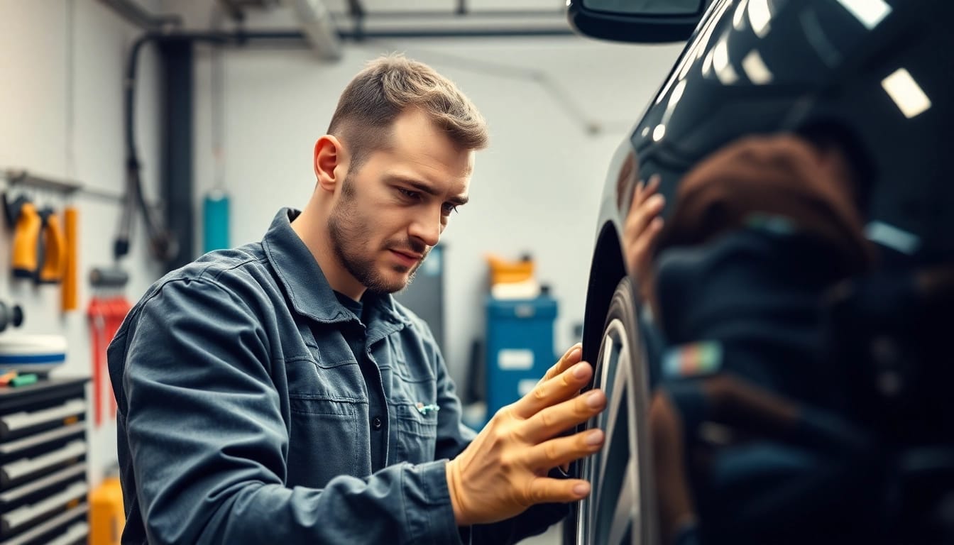 Professioneller Mechaniker repariert Felgen Schaden Leasing München mit Präzision und Sorgfalt in einer modernen Werkstatt.