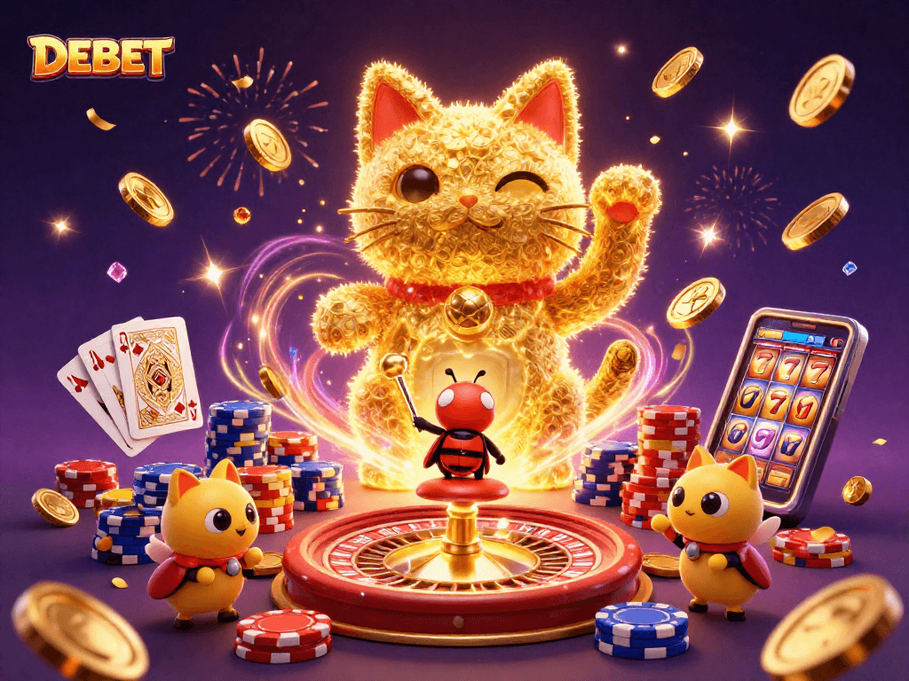 DEBET showcases a dynamic 3D illustration of a lucky cat amidst casino elements, attracting players with vibrant energy.