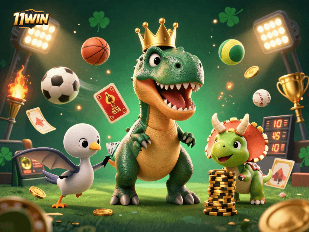 Experience thrilling gameplay with 11WIN while fun characters shuffle cards and stack golden chips.