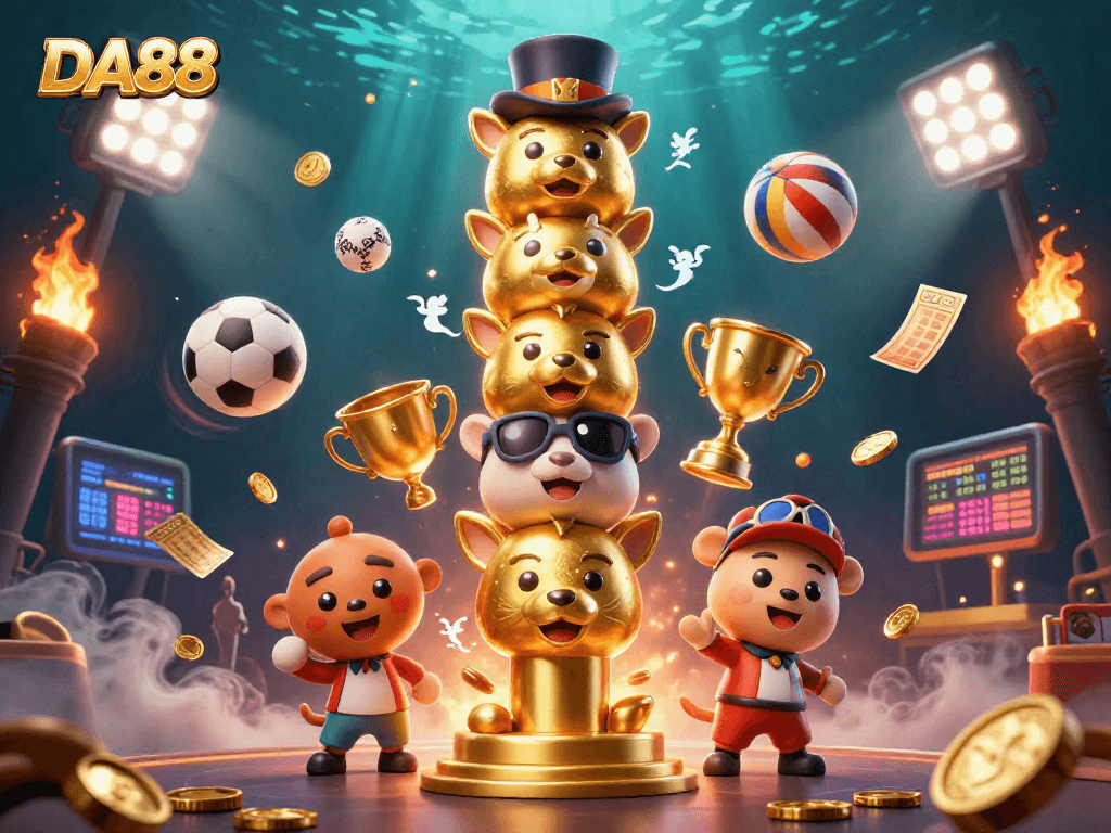 Engage with DA88's vibrant casino dynamic featuring a golden totem pole and energetic sports elements.