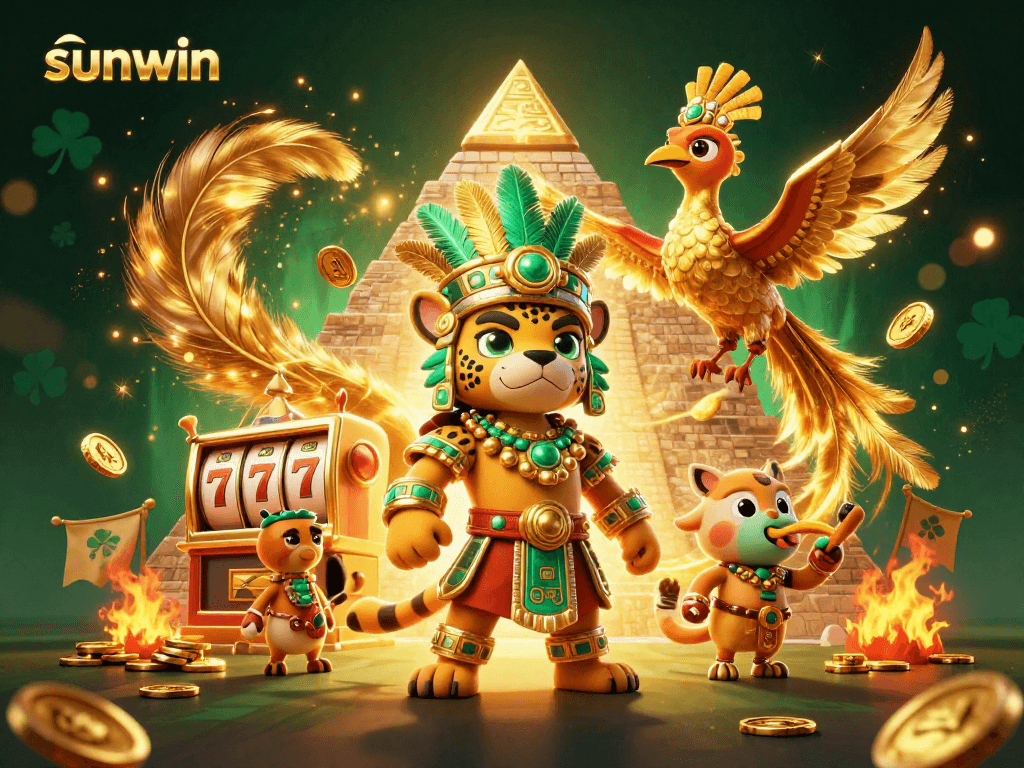 Experience thrilling gameplay with sunwin, featuring a Mayan jaguar priest amidst slot machines and gold coins.