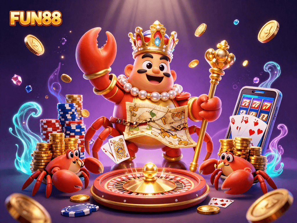 Join the FUN88 gaming adventure with a massive golden crab emperor surrounded by vibrant casino elements.