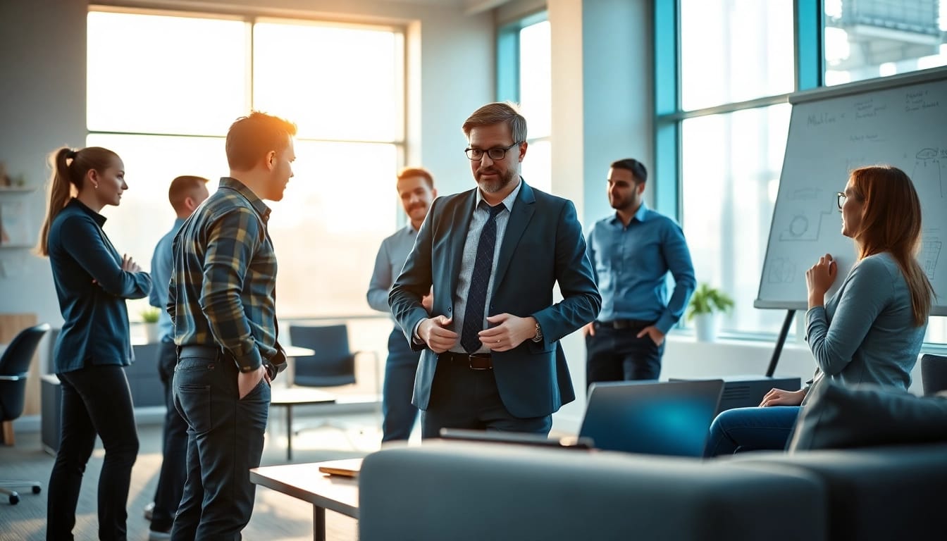 Headhunter Ingenieure beraten proaktive Ingenieure in einem modernen Büroumfeld.