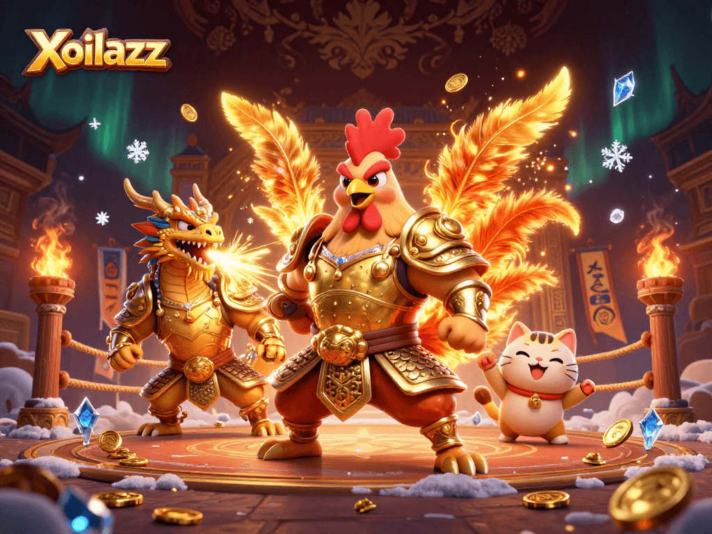 Engage in thrilling action with Xoilacz, featuring a powerful rooster warrior and a fierce dragon hatchling in an exciting arena.
