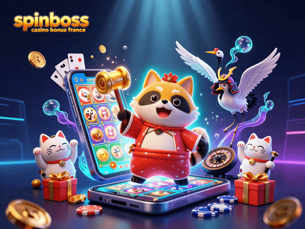 Profitez des offres du bonus SpinBoss Casino France avec des personnages de jeu colorés et des machines à sous riches en détails.