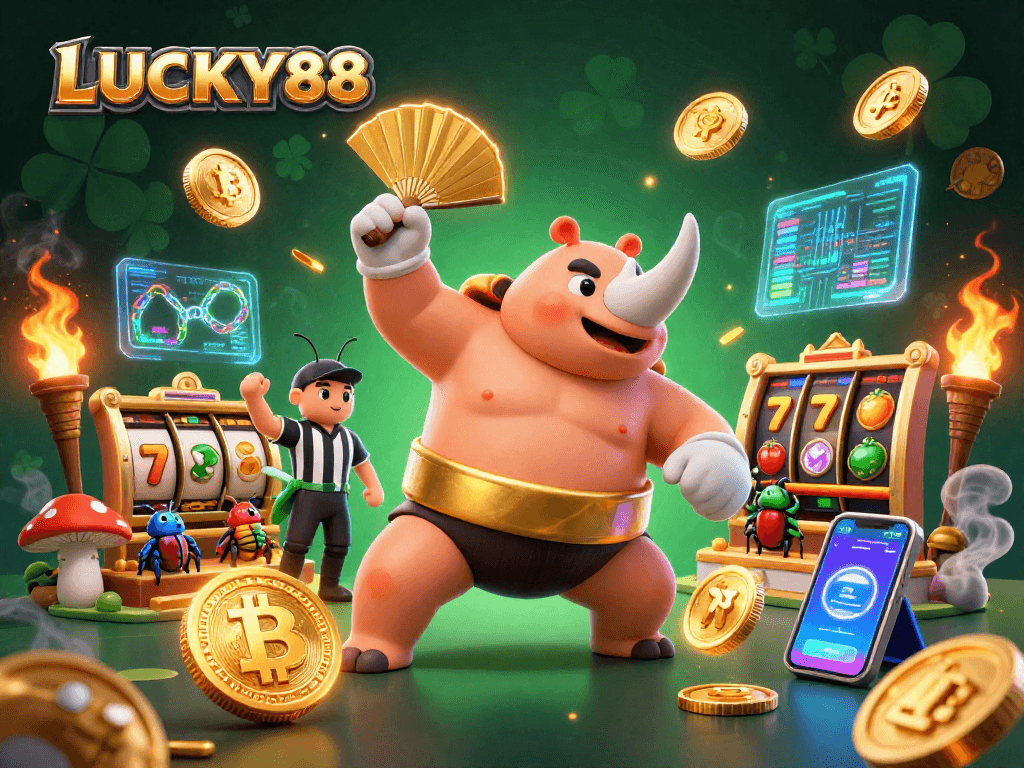 LUCKY88 game features a rhinoceros beetle sumo champion amidst flying coins and crypto elements.