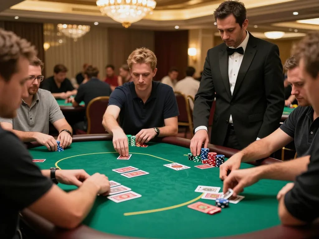 Engaging scene of a poker game capturing strategic moments with KI Detektor deutsch analysis, players focused on winning.
