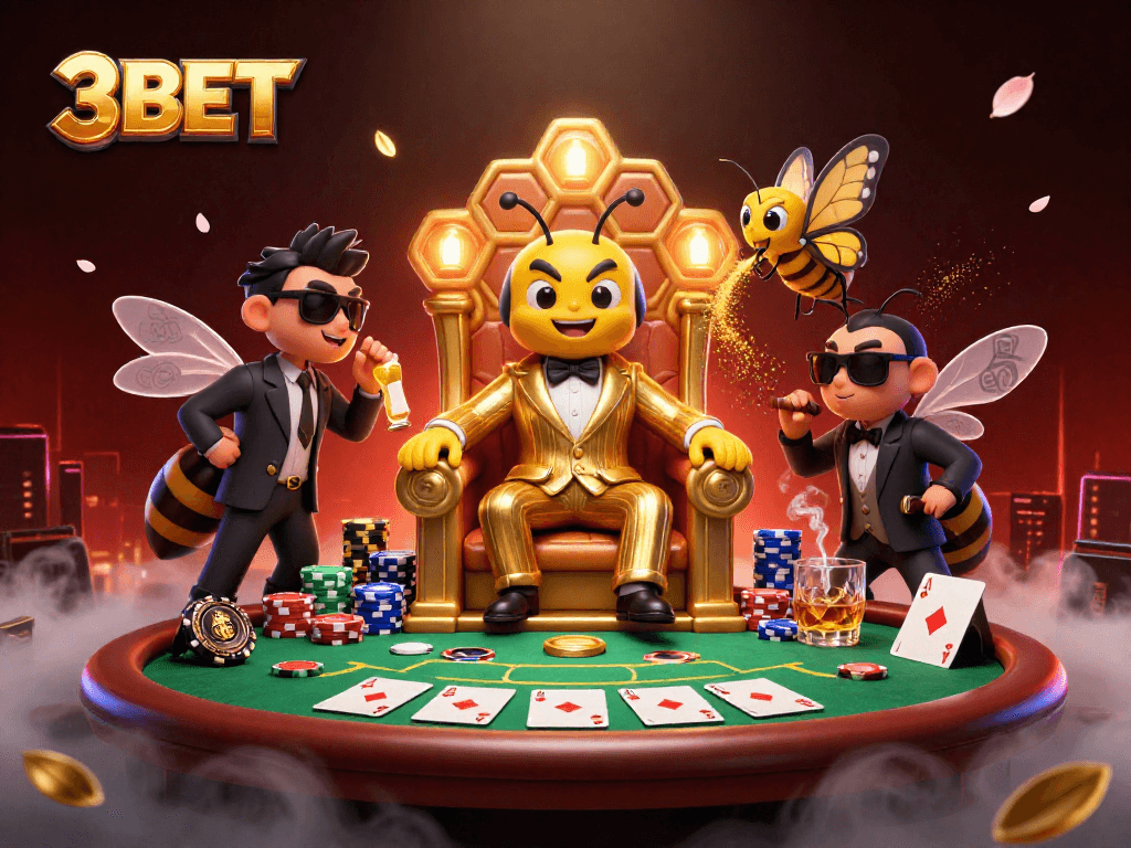 Engage in the vibrant world of 3BET poker with a colorful, dynamic 3D bumblebee mob boss illustration.