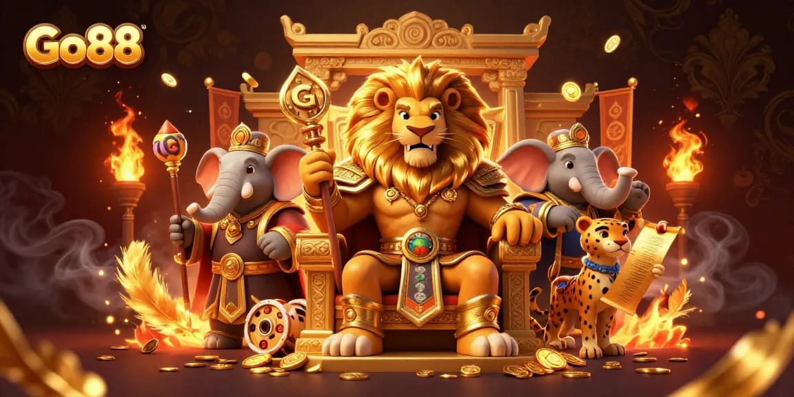 Engage with Go88's vibrant casino scene featuring a royal lion, wise elephant, and swift cheetah amidst dynamic gaming action.