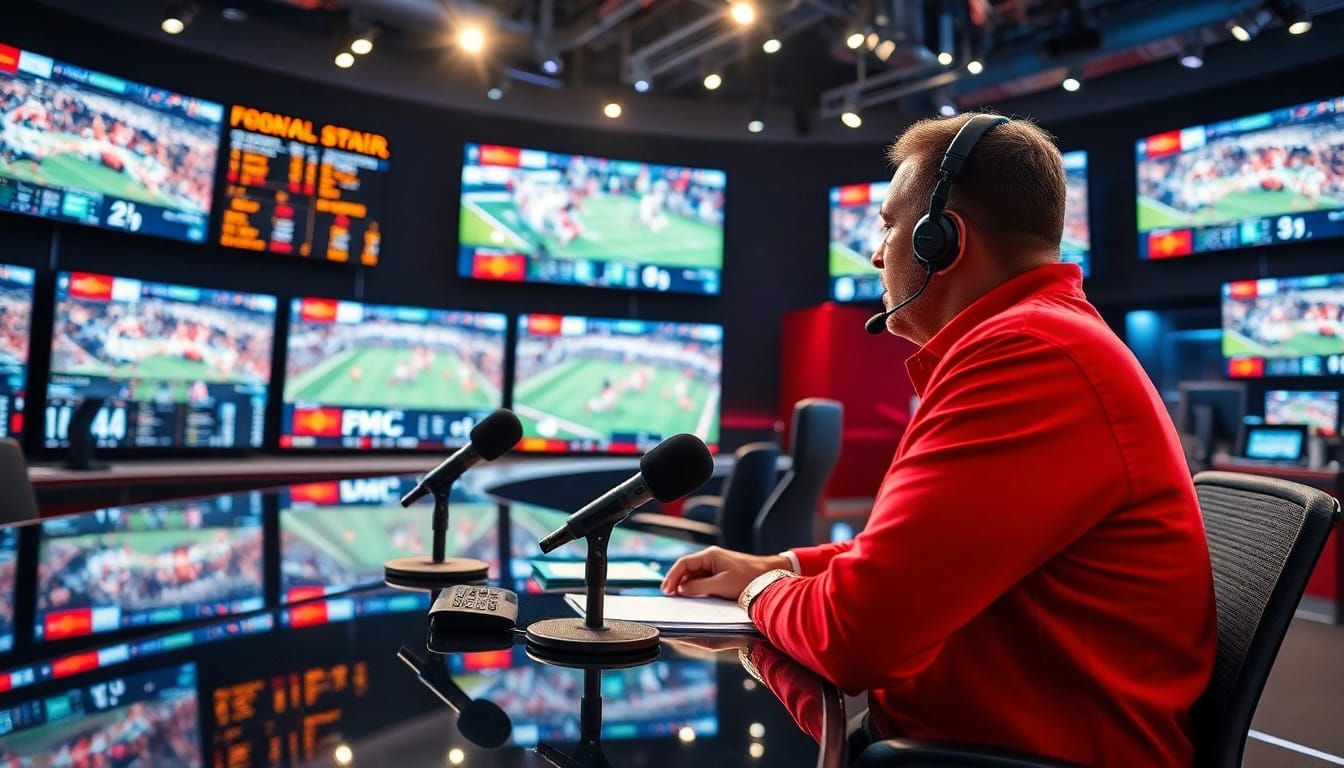 Engaging sports broadcasting studio showcasing an announcer with technology and vibrant atmosphere.