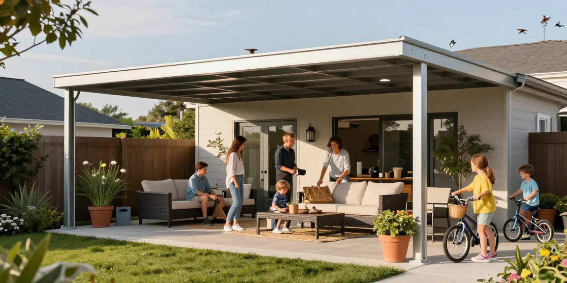 Moderne Carport-Installation mit Familie im Garten zur Schaffung eines einladenden Außenbereichs.