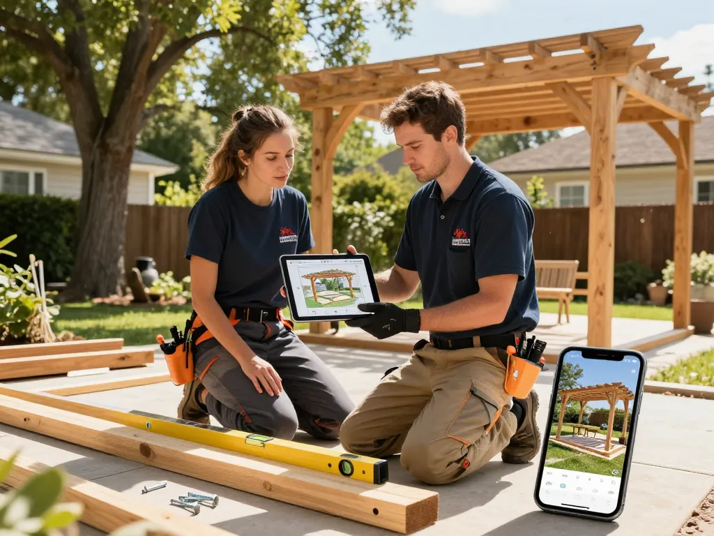 Software für Pergola-Installateure, die von einem Installateur in einem sonnigen Garten verwendet wird, um eine maßgeschneiderte Pergola zu entwerfen, während er mit einem Hausbesitzer interagiert.