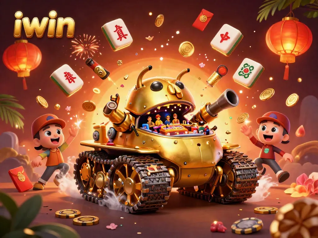 iwin showcases a vibrant casino illustration with a golden beetle tank and festive confetti.