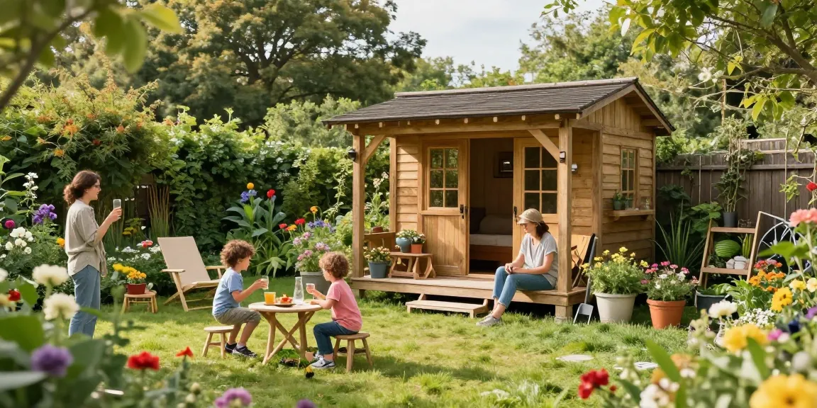 Gartenhäuser in schöner Umgebung mit Familienaktivität und entspannter Atmosphäre.