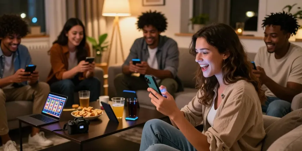 Mobile Casinos mit Bonus: Freunde genießen ein spannendes Spielerlebnis im gemütlichen Wohnzimmer.