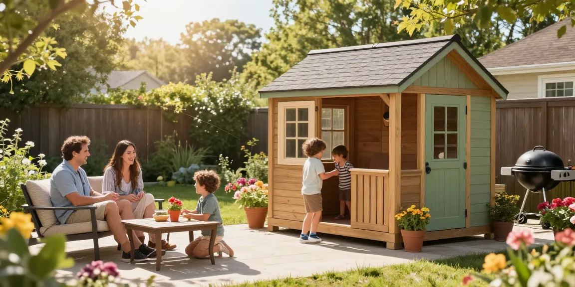 Gartenhaus kaufen: Familie genießt ihren Garten mit neuem Gartenhaus, blühenden Blumen und entspannter Atmosphäre.