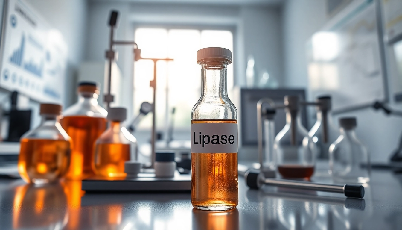 Studying lipase enzyme in a professional laboratory environment with scientific instruments undisturbed.