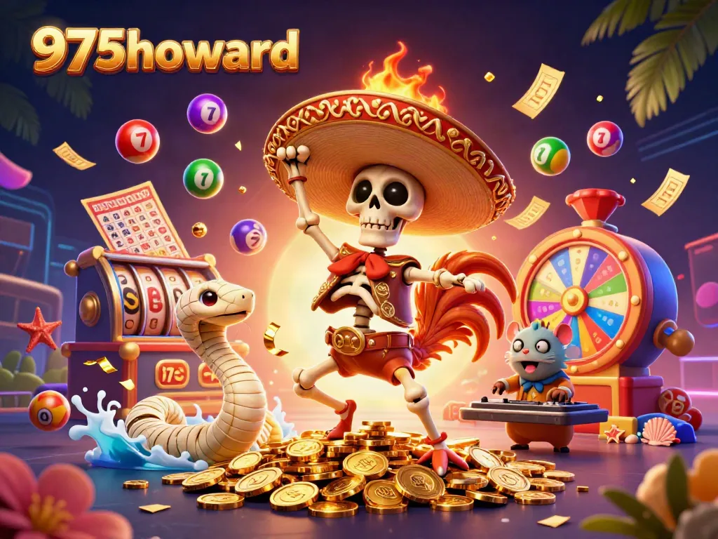Experience the excitement of 975howard with vibrant characters and casino game elements in a lively 3D illustration.