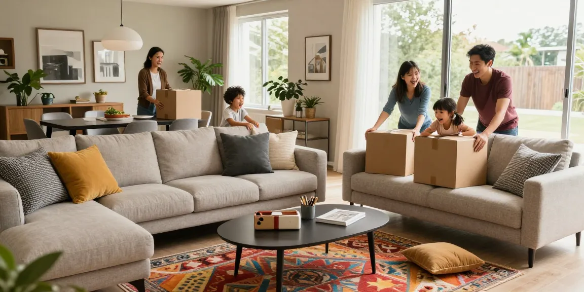 Möbelpräsentation in einem fröhlichen Zuhause, das zeigt, wie man möbel mit lieferung kaufen kann, mit einer Familie, die neue Möbel auspackt.