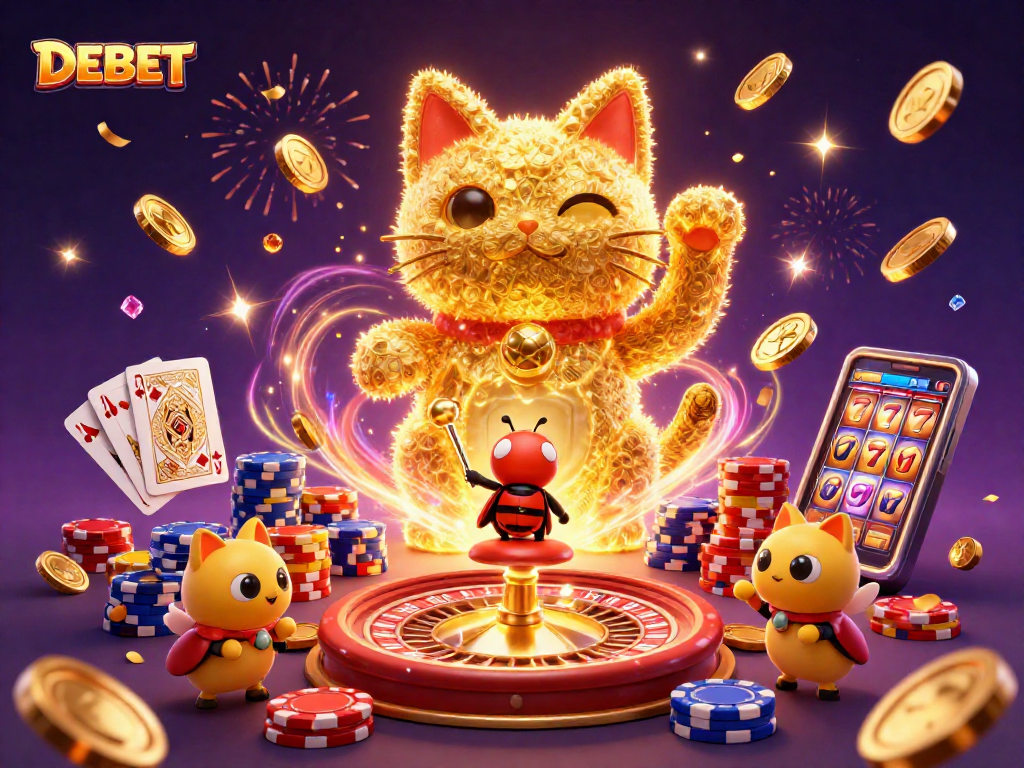 DEBET showcases a dynamic 3D illustration of a lucky cat amidst casino elements, attracting players with vibrant energy.