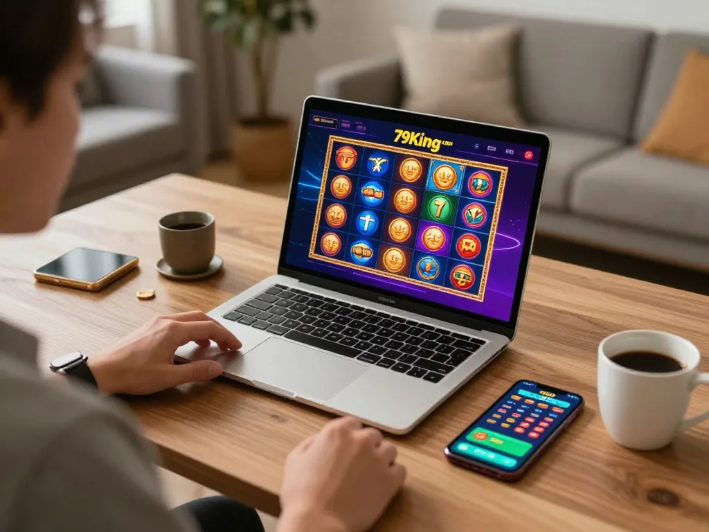 Engaging gameplay on 79King com shown on laptop during home gaming session.