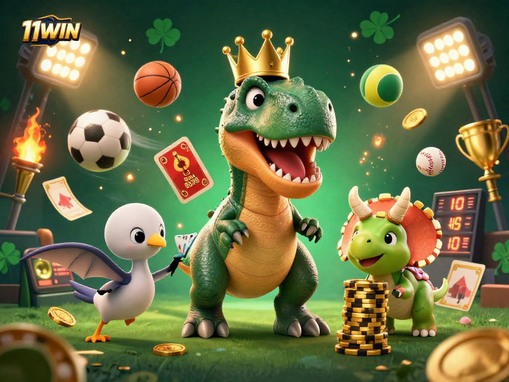 Experience thrilling gameplay with 11WIN while fun characters shuffle cards and stack golden chips.