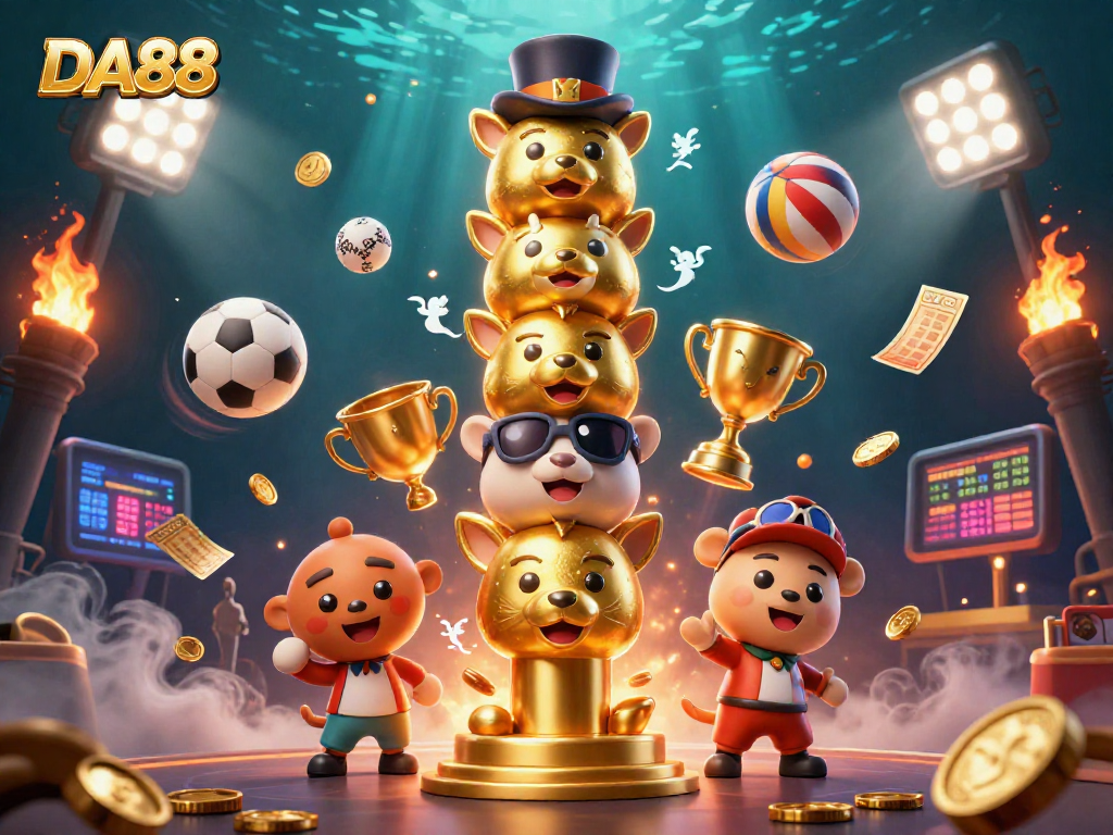 Engage with DA88's vibrant casino dynamic featuring a golden totem pole and energetic sports elements.