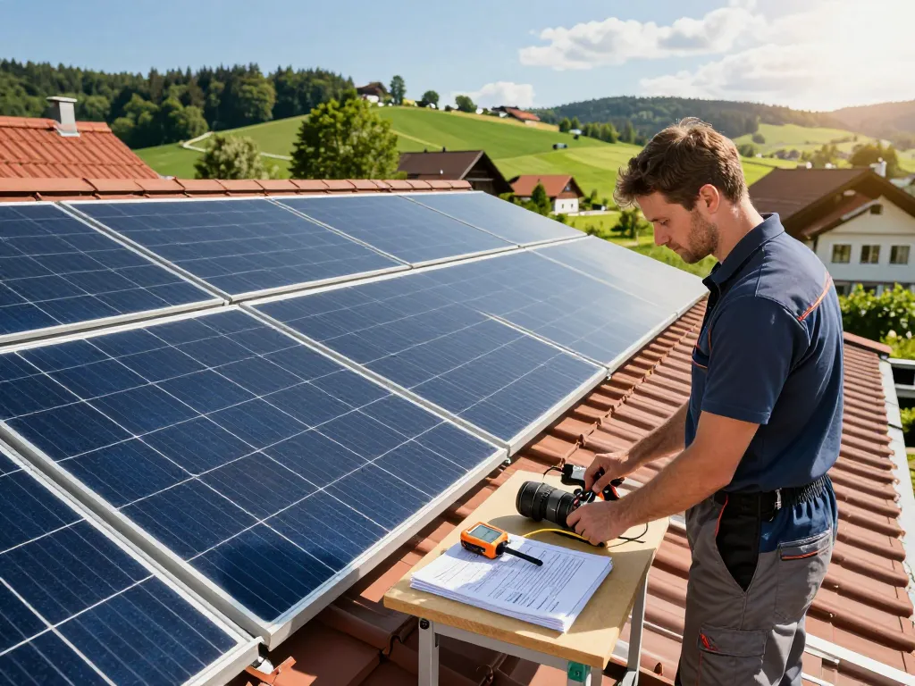 Photovoltaik Bayern Installationsort mit Solarpanels und Techniker, der das Dach bewertet.