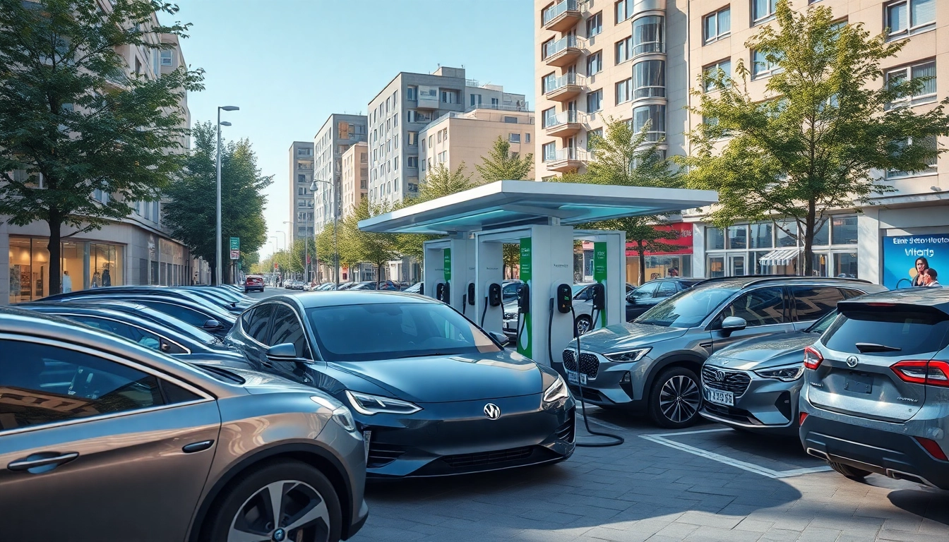 Elektroautos an einer modernen Ladestation in einer urbanen Umgebung.