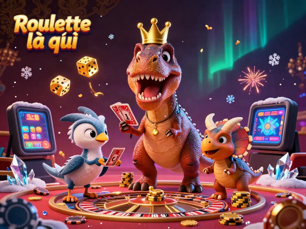 Experience the excitement of Roulette là gì with a cheerful T-Rex, Pterodactyl, and Triceratops amidst a vibrant casino scene.