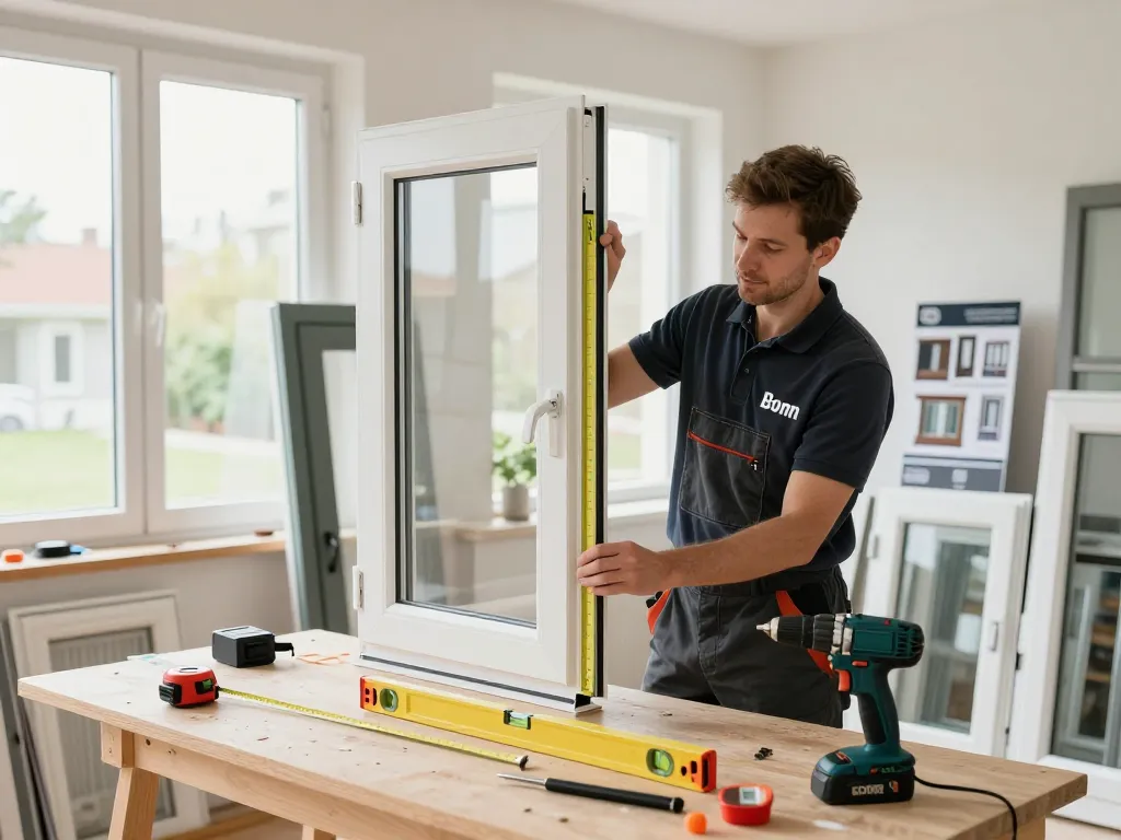 Experte für Fensterinstallation misst für die Fensterbau Bonn Installation in einem hellen Raum