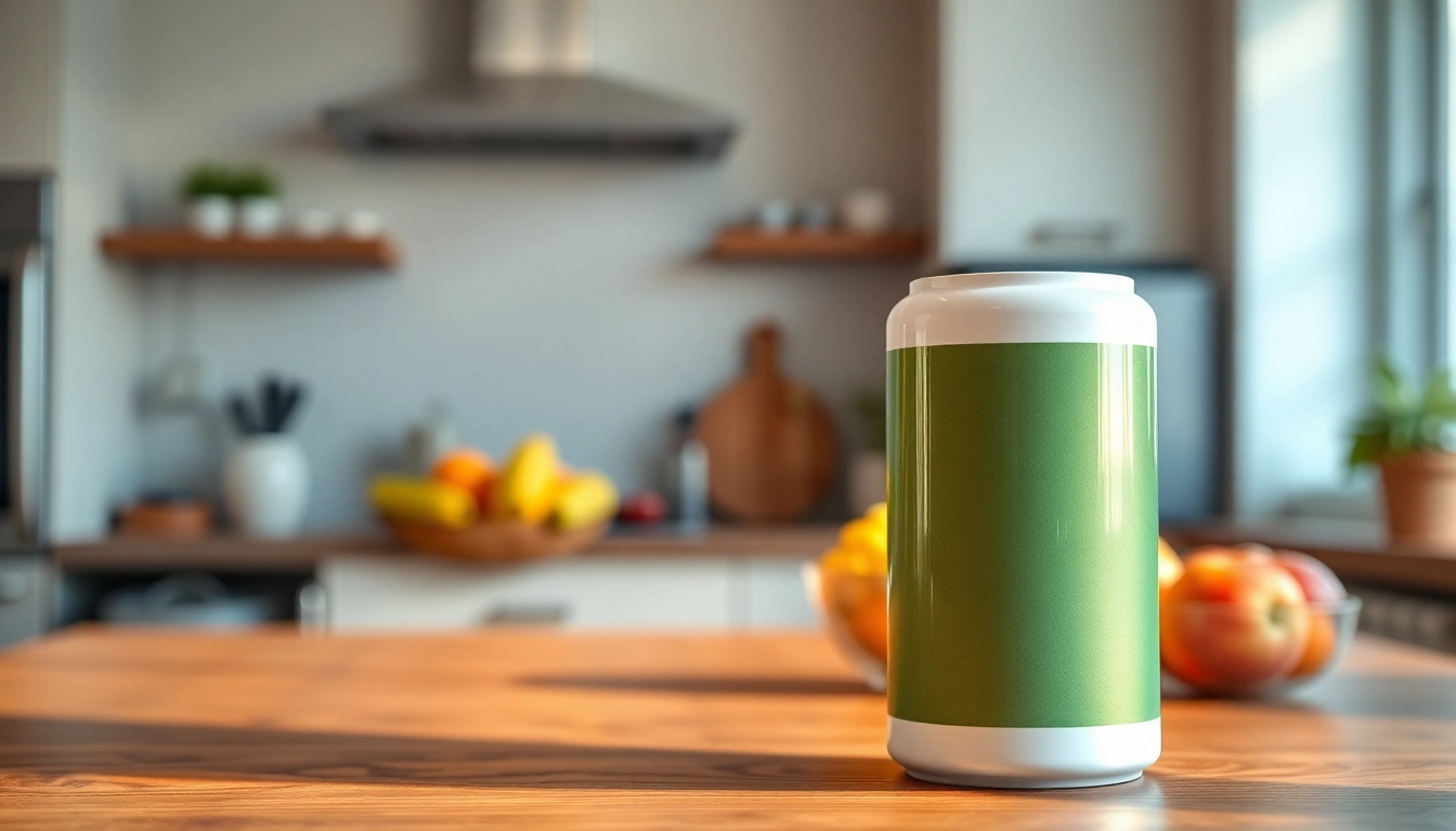 Evodrop Erfahrung: Ein innovatives Gesundheitsprodukt auf dem Holztisch, umgeben von frischem Obst und einer modernen Kücheneinstellung.