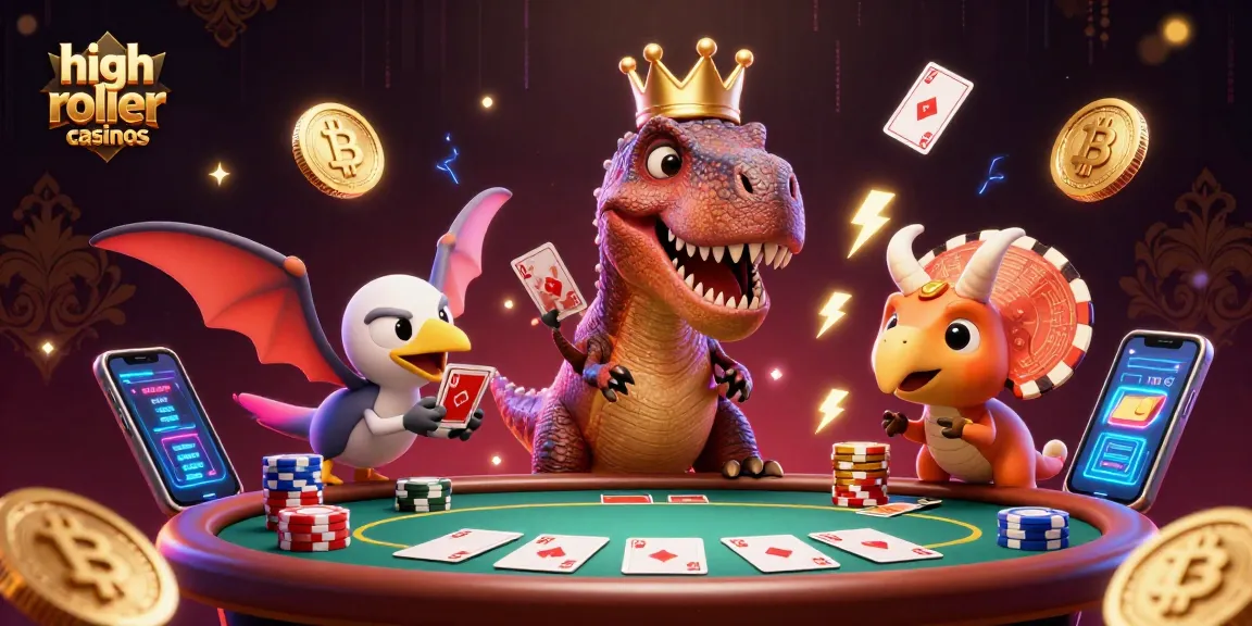 Experience high roller casinos with a playful T-Rex shuffling cards and winning big alongside dynamic casino elements.