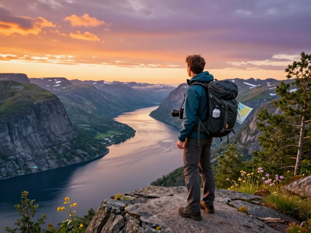 Skandinavien Reisetipps - Ein Reisender genießt die atemberaubenden Fjordlandschaften Skandinaviens bei Sonnenuntergang.