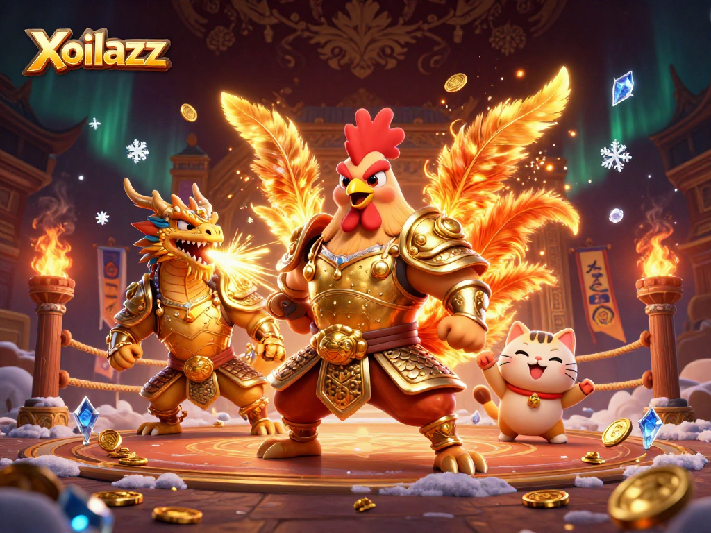 Engage in thrilling action with Xoilacz, featuring a powerful rooster warrior and a fierce dragon hatchling in an exciting arena.