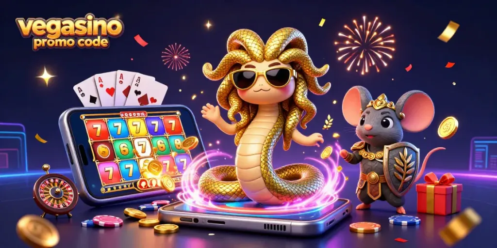 Play slots with Vegasino promo code for exciting winnings, featuring a lively casino scene.