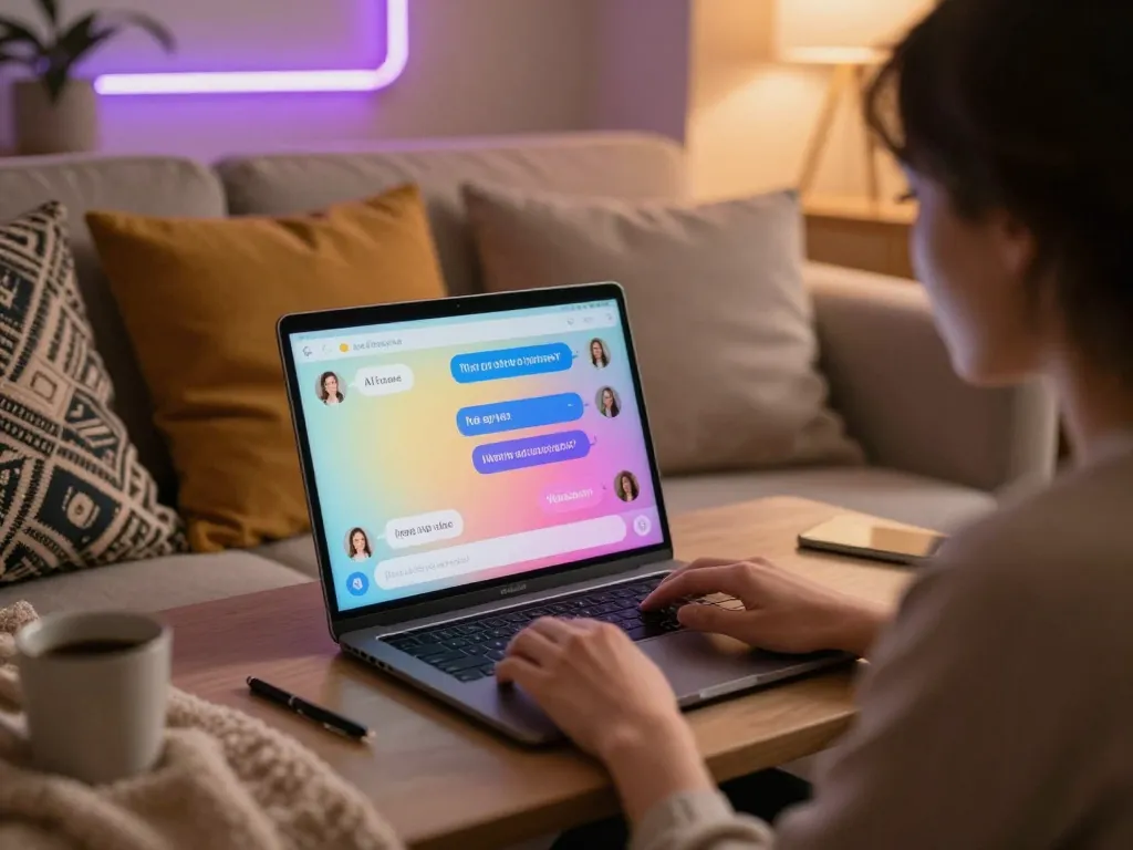 Engaging in a sex AI chat with a friendly chatbot in a cozy virtual space.
