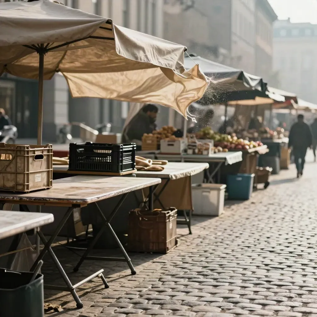 Wind hebt Planen über geschlossene Flohmarkttische am Pflaster, morgens am Platz.