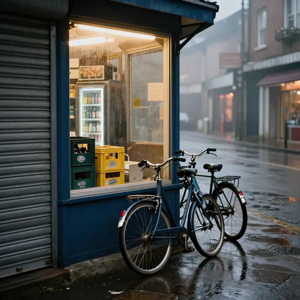 Leuchtende Kiosk-Ecke nachts mit Fahrrädern und nassem Gehweg bei Regen