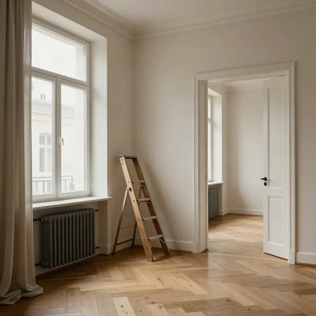 Helle modernisierte Altbauwohnung mit offenen Fenstern, leerem Raum und zurückgeschobener Leiter.